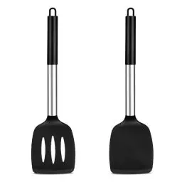 Produktbild: TEAMFAR Pfannenwender, 2 Stück Silikon Küchenhelfer Spachtel mit Edelstahlgriff, Hitzebeständiger Antihaft Schwarz Küchenutensilien, Spülmaschinenfest