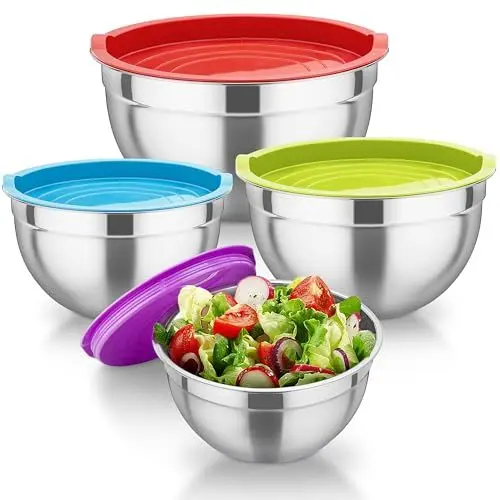 Produktbild: TEAMFAR Rührschüssel Set, 4-teilig Edelstahl Salatschüssel mit Luftdicht Deckel, 4,5/3/1,5/1,2L Schüssel ideal für Backen, Spülmaschinenfest, Bunt