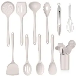 Produktbild: TEAMFAR Silikon Küchenhelfer Set, 11-tlg Antihaft Küchenset Küchenutensilien Set mit Utensilienhalter, Hitzebeständiger Kochbesteck Kochutensilien Set für Kochen, Gesund & Leicht zu Reinigen, Khaki