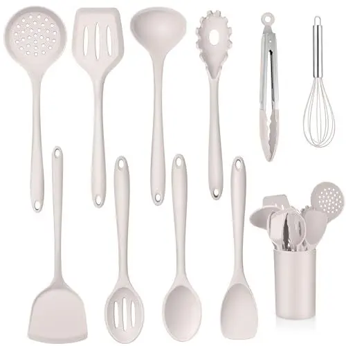 Produktbild: TEAMFAR Silikon Küchenhelfer Set, 11-tlg Antihaft Küchenset Küchenutensilien Set mit Utensilienhalter, Hitzebeständiger Kochbesteck Kochutensilien Set für Kochen, Gesund & Leicht zu Reinigen, Khaki
