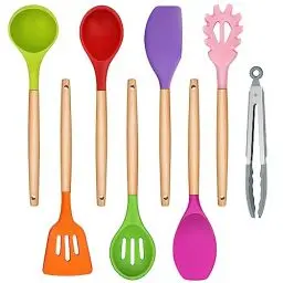 Produktbild: TEAMFAR Silikon Küchenhelfer Set, 8-teiliges Antihaft Küchenutensilien Kochbesteck Set mit Holzgriff, Hitzebeständiger Kochutensilien Set mit Pfannenwender zum Kochen, Leicht zu Reinigen, Bunt