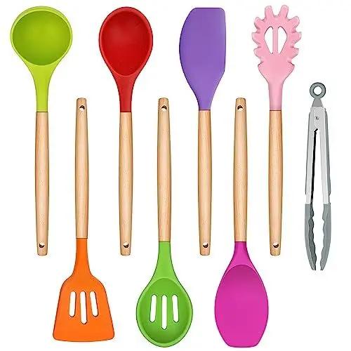 Produktbild: TEAMFAR Silikon Küchenhelfer Set, 8-teiliges Antihaft Küchenutensilien Kochbesteck Set mit Holzgriff, Hitzebeständiger Kochutensilien Set mit Pfannenwender zum Kochen, Leicht zu Reinigen, Bunt