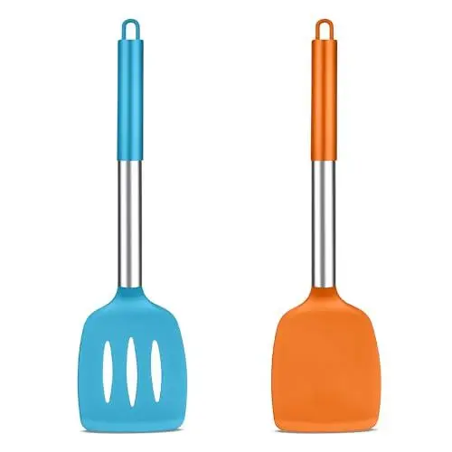 Produktbild: TEAMFAR Silikon Pfannenwender, 2 Stück Hitzebeständiger Küchenhelfer Küchenutensilien mit Edelstahlgriff, Antihaft Spachtel, Bunt, Spülmaschinenfest