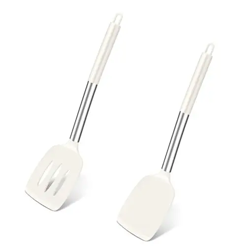 Produktbild: TEAMFAR Silikon Pfannenwender, 2 Stück Küchenhelfer Spachtel mit Edelstahlgriff, Hitzebeständiger Küchenutensilien, Antihaft & Spülmaschinenfest, Weiß
