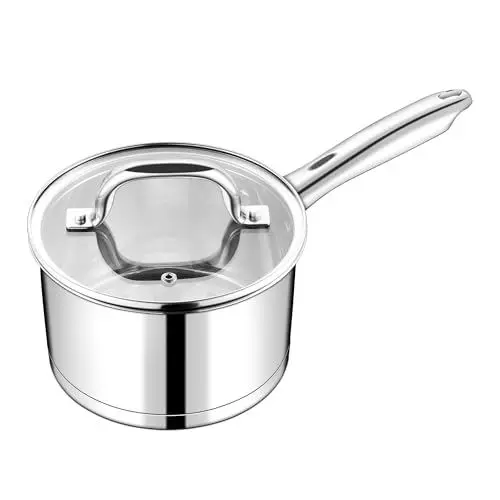 Produktbild: TEAMFAR Stielkasserolle 16cm, Edelstahl Milchtopf Kochtopf Induktion mit 3-Lagen Boden für alle Herdarten, Glasdeckel, 1,9L klein Topf Kasserolle für kleine Portionen, Ungiftig, Spülmaschinenfest