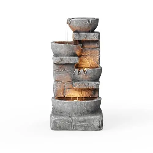 Produktbild: Teamson Home 84,5 cm Kaskadierende Schalen & Gestapelte Steine LED Outdoor-Wasserbrunnen für Außenbereiche, Steingrau