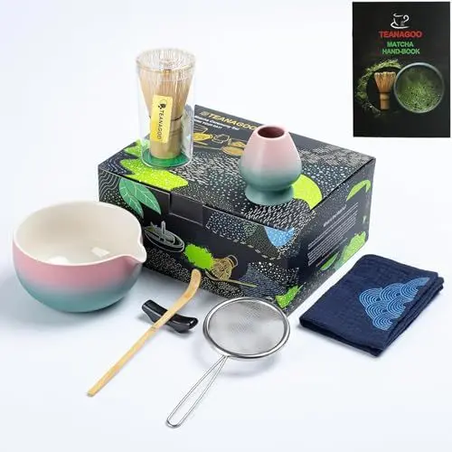 Produktbild: TEANAGOO Matcha Set | Matcha Besen| Matcha Tea Set | Matcha Schale |Matcha Besen Set|Matcha Schale mit Ausgießer Bambus-7 Stück Matcha zubehör für Matcha Liebhaber,N11, Grüner Farbverlauf Rosa