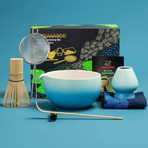 Produktbild: TEANAGOO Matcha Set | Matcha Besen | Matcha Tea Set | Matcha Schale |Matcha Besen set|Matcha Schale mit Ausgießer Bambus Matcha Whisk-7 Stück Matcha Teezeremonie Set,N31,Farbverlauf Blau