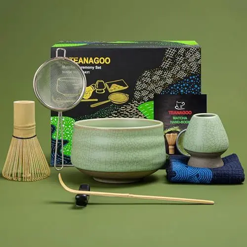 Produktbild: TEANAGOO Matcha Set| Matcha Besen|Matcha Tea Set | Matcha Schale| Matcha Whisk,Schaufel, Sieb, Matcha-Besenhalter, Matcha-Besenständer-7 Stück MatchaTee Sets,N6, Lt.grün mit Schwarzer Naht