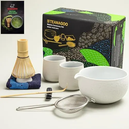 Produktbild: TEANAGOO Matcha Whisk Set Matcha Bowl mit gegossenem Spout Bambus Matcha Whisk Scoop Matcha Whisk Holding Tee Making Kit. 1 Japanische Tee -Set (7pcs) +2 Tassen (7,2 Unzen), S3, Lt.Grey
