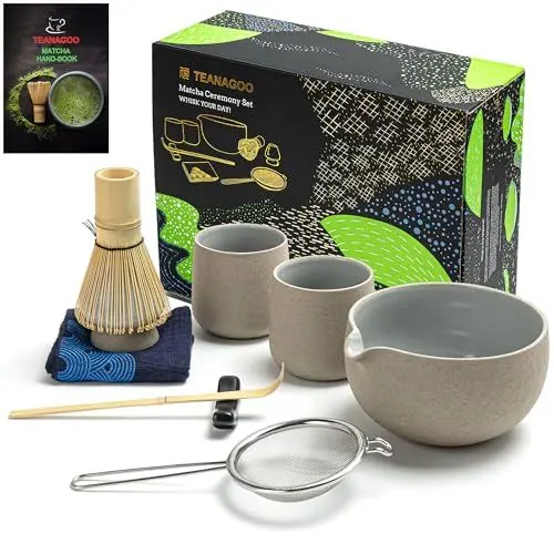 Produktbild: TEANAGOO Matcha Whisk Set Matcha Bowl mit gegossenem Spout Bambus Matcha Whisk Scoop Matcha Whisk Holding Tee Making Kit. 1 japanischer Tee -Set (7pcs) + 2 Cups (7,2oz), S2, dunkleres Grau