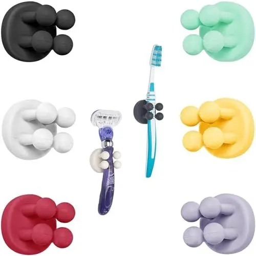 Produktbild: TECBULL® FUNNY HOOKS Zahnbürstenhalter, Rasierer Halter Dusche, Rasierer Halterung ohne Bohren, Zahnbürstenhalterung selbstklebend (6x 6-Farben/Bunt)