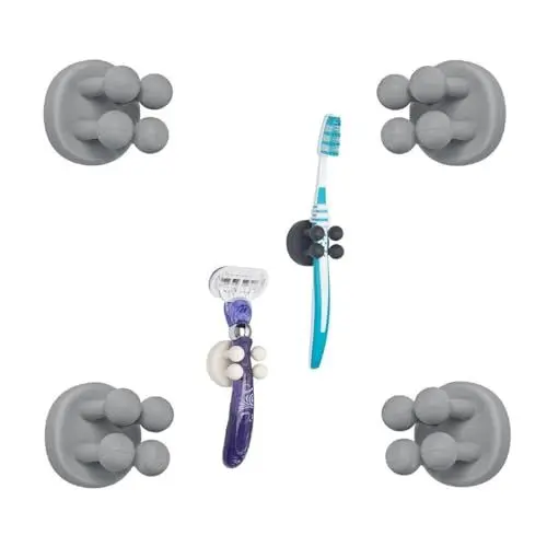 Produktbild: TECBULL® Funny Hooks Zahnbürstenhalter, Rasierer Halter Dusche, Rasierer Halterung ohne Bohren, Zahnbürstenhalterung selbstklebend (4X Grau)