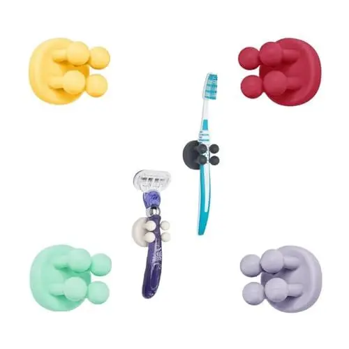 Produktbild: TECBULL® Funny Hooks Zahnbürstenhalter, Rasierer Halter Dusche, Rasierer Halterung ohne Bohren, Zahnbürstenhalterung selbstklebend, Klemmhalter für Zahnbürsten (4xBunt2)
