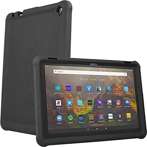Produktbild: TECHGEAR Bumper Schutzhülle für Neue Amazon Fire HD 10 / HD 10 Plus (2023/2021, 11. 13. Generation) (Kinderfreundlich) Silikon Soft Shell Anti-Rutsch Stoßfest hülle + Displayschutzfolie - Schwarz