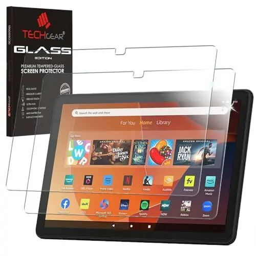Produktbild: TECHGEAR Displayschutzfolie aus gehärtetem Glas für alle Amazon Fire HD 10 Zoll / HD 10 Kids Tablets (2023/13. Generation, 9H Härte, HD-Klarheit, kratzfest, blasenfrei, reaktionsschnell), 2 Stück