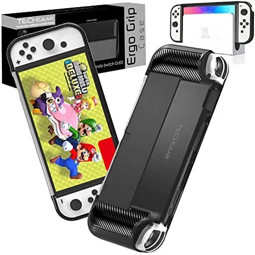 Produktbild: TECHGEAR Ergo Griff Hülle kompatibel mit Switch OLED Weiche, schützende TPU-Silikon Rückseite, ergonomische, angenehm gepolsterte Handgriffe - Dock, Stand und Joy-Con-kompatibel (Leichte, langlebige)