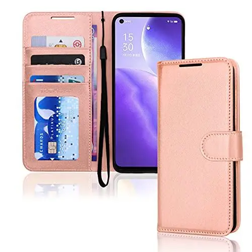 Produktbild: TECHGEAR Leder Hülle Oppo Find X3 Lite, PU Leder Flip Case Schutzhülle Ledertasche (Brieftasche) Handyhülle mit Ständer und Handschlaufe Beutel kompatibel mit Oppo Find X3 Lite 5G Rose Gold