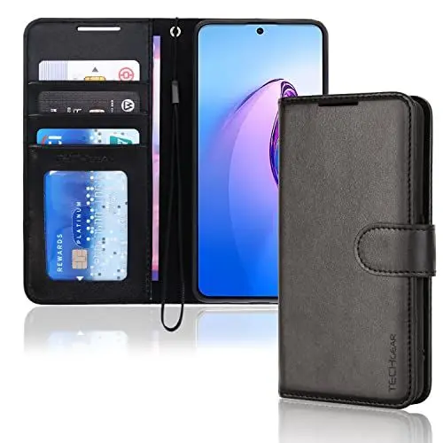 Produktbild: TECHGEAR Leder Hülle Oppo Reno 8 5G, PU Leder Flip Case Schutzhülle Ledertasche (Brieftasche) Handyhülle mit Ständer und Handschlaufe Beutel kompatibel mit Oppo Reno8 5G - Schwarz