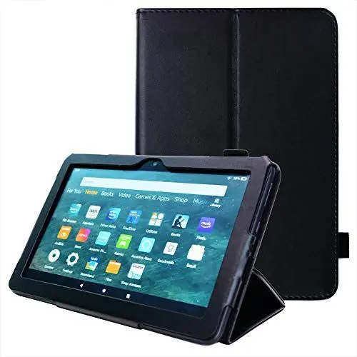 Produktbild: TECHGEAR Neue Amazon Fire HD 8, HD 8 Plus, Kinder, 2024/2022/2020 14. 12. 10. Generation Hülle - PU Leder Slim Hülle mit Ständer und Handschlaufe Schutzhülle Tasche - Schwarz