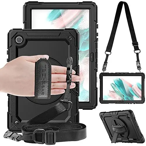 Produktbild: TECHGEAR Utility Hülle Kompatibel mit Samsung Galaxy Tab A8 10.5 (SM-X200/SM-X205) Robust Stoßfest Outdoor Schutzhülle mit 360 Grad Schwenkständer, Hand Schultergurt, Eingebaut Bildschirm -Schwarz
