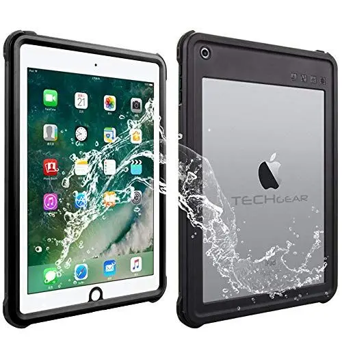 Produktbild: TECHGEAR Wasserdichte Hülle für iPad 9,7 2018 / 2017 (6. 5. Generation) {Poseidon Case} Schlanke Robuste Rüstung Stoßfest, Wasserdicht Hülle mit eingebauter Displayschutzfolie + Ständer & Umhängeband