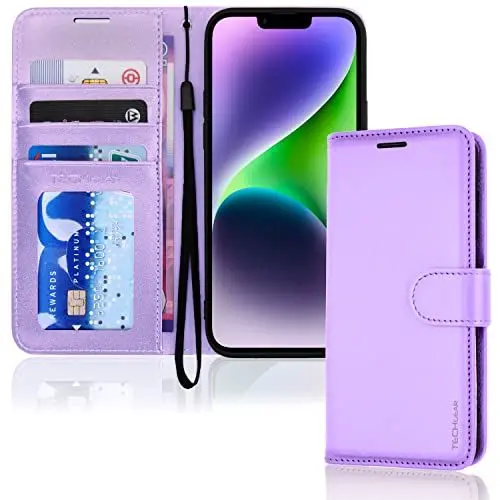 Produktbild: TECHGEAR hülle iPhone 14 Leder klappbar, PU Leder Flip hülle Schutzhülle Ledertasche (Brieftasche) Handyhülle mit Ständer und Handschlaufe - Lavendel hülle Kompatible mit iPhone 14 (6,1