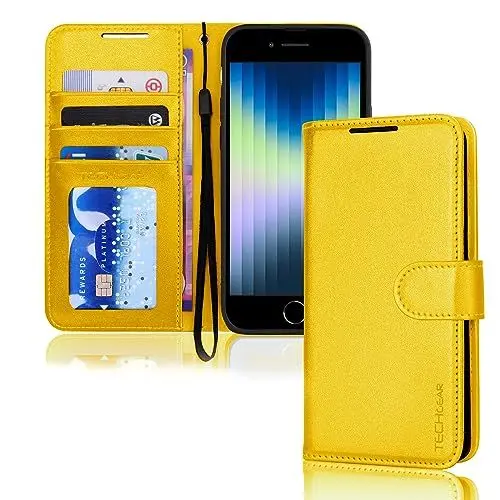 Produktbild: TECHGEAR hülle iPhone SE 2022 5G / 2020 Leder klappbar, PU Leder Flip Schutzhülle Ledertasche (Brieftasche) Handyhülle mit Ständer und Handschlaufe - Gelb Kompatible mit iPhone 8/7/6