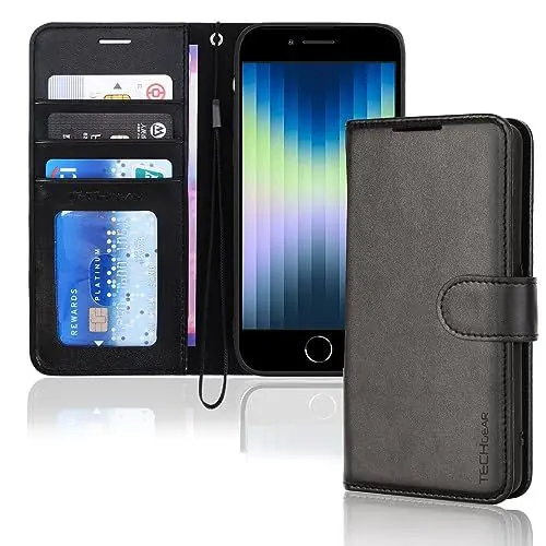 Produktbild: TECHGEAR hülle iPhone SE 2022 5G / 2020 Leder klappbar, PU Leder Flip Schutzhülle Ledertasche (Brieftasche) Handyhülle mit Ständer und Handschlaufe - Schwarz Kompatible mit iPhone 8/7/6