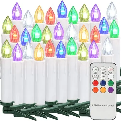 Produktbild: TechKen Weihnachtsbaum Kerzen RGB LED mit Clip Fernbedienung,Flackernd Weihnachtskerze Stabkerzen Dimmbar Christbaumkerzen Kerzenlichter Elektrische Kerzen Flammenlose Kerzen Weihnachtsdeko (30er)