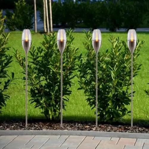 Produktbild: technik@all 4er-LED-Solar-Gartenfackel-Set 'Lago di Garda', Edelstahl, 210 x 90 mm, mit Wasserablauf, Winterfest