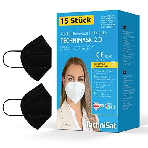 Produktbild: TechniSat TECHNIMASK 2.0 – 15 Stück FFP2 Maske aus Deutschland (5-lagige Atemschutzmaske mit hochwertigem Vlies, dermatologisch getestet, Made in Germany) Farbe: Schwarz