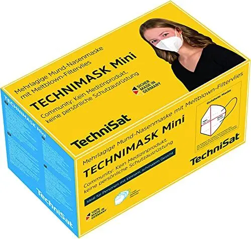 Produktbild: TechniSat TECHNIMASK Mini – Community-Maske für kleine, schmale Gesichter (Mund- und Nasen-Bedeckung, mehrlagige Maske aus hochwertigem Vlies, Made in Germany) 50 Stück – Farbe weiß