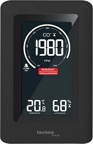 Produktbild: Technoline Co2 Messgerät WL1030, CO2-Anzeige, mit grafischen, farbiger Lüftungsempfehlungen (grün, gelb, rot), NDIR Sensor, schwarz