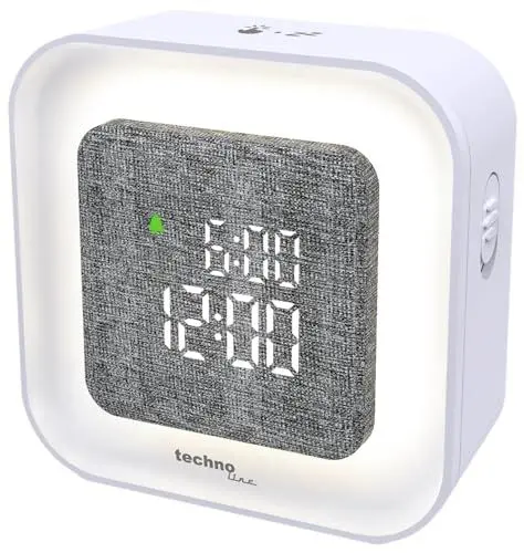 Produktbild: technoline intelligenter LED Wecker, automatische Anpassung der Beleuchtung, digital, Nachtlicht, USB Kabel, dimmbare Beleuchtung, Nachtlicht, Weiß/Grau