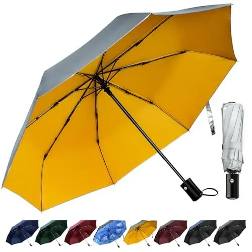 Produktbild: TechRise Regenschirm, Regenschirm Sturmfest mit Automatischer Öffnung & Schließung, Tragbarer & Faltbarer Taschenschirm für Männer Frauen Kinder (silbrig-gelb)