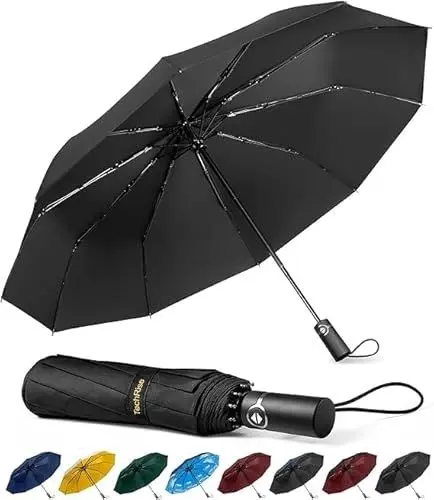 Produktbild: TechRise Regenschirm Taschenschirm Sturmfest Groß -10 Rippen Windsicherer Sturm Taschenschirm Schirm, automatisch kompakt mit einem Knopf Öffnen und Schließen automatisch – Schwarz