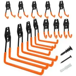Produktbild: TECHSHARE Wandhaken Garage, 12 Stück Schwerlast Garage Haken, 4 Verschiedene Größen, Doppelte Schwerlasthaken für Gartengeräte, Sportausrüstung, Leiter, Garagenorganisation(Orange Farbe)