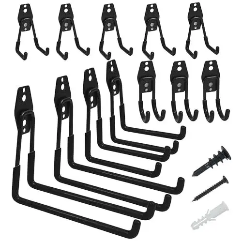 Produktbild: TECHSHARE Wandhaken Garage, 12 Stück Schwerlast Garage Haken, 4 Verschiedene Größen, Doppelte Schwerlasthaken für Gartengeräte, Sportausrüstung, Leiter, Garagenorganisation(Schwarz)