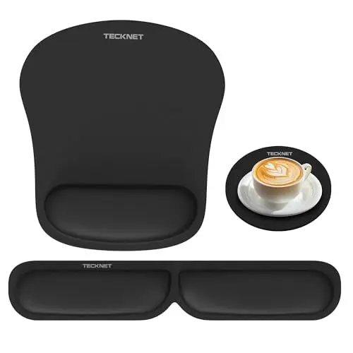Produktbild: TECKNET 3-in-1 Mauspad Set, Ergonomisches Mousepad, Handballenauflage für Tastatur & Untersetzer, Memory Foam für Schmerzlinderung, Faltbar, Wasserdicht Mausmatte für Reisen, Spiele, Zuhause & Büro