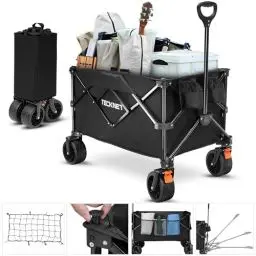 Produktbild: TECKNET Bollerwagen Faltbar mit Bremsen 180L 150KG Belastbar, Klappbarer Handwagen Strand Camping Transportwagen, Gartenwagen Strandwagen Fuer Strand Outdoor Garten Camping Festival, Schwarz