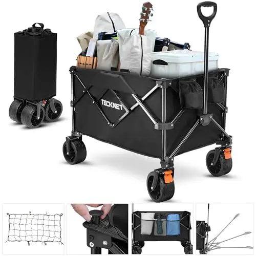 Produktbild: TECKNET Bollerwagen Faltbar mit Bremsen 180L 150KG Belastbar, Klappbarer Handwagen Strand Camping Transportwagen, Gartenwagen Strandwagen Fuer Strand Outdoor Garten Camping Festival, Schwarz