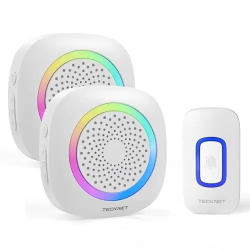 Produktbild: TECKNET Funkklingel, Funkklingel Aussen Wasserdicht 2 Empfänger Mit RGB Licht, 60 Melodien, IP66 Funk Klingel Set, 400m Kabellose Türklingel Batteriebetrieben Kit mit 4,5 Jahre Lebensdauer