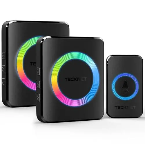 Produktbild: TECKNET Funkklingel, Kabellose Türklingel Funk Set 400m Reichweite, IP65 Aussen Wasserdicht Haustür Klingel mit 2 Plug-In-Empfänger und 1 Sender, Ring doorbell und Klingelknopf Mit LED-Blitz