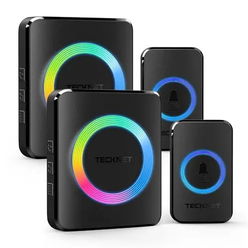 Produktbild: TECKNET Funkklingel, Kabellose Türklingel 400m Reichweite, IP65 Funk klingel Set Aussen Wasserdicht Haustür Klingel, 2 Sender 2 Empfänger, 60 Melodien Doorbell und Klingelknopf Mit RGB-Blitz