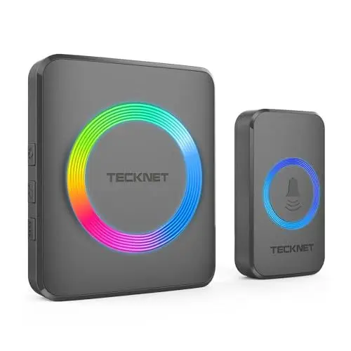 Produktbild: TECKNET Funkklingel, Kabellose Türklingel Funk Set 600m Reichweite, IP65 Aussen Wasserdicht Haustür Klingel mit 1 Plug-In-Empfänger und 1 Sender, Ring doorbell und Klingelknopf Mit LED-Blitz