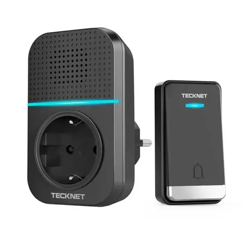 Produktbild: TECKNET Kabellose Türklingel Batterielose, Steckdosen-Funkklingel IP65 Wasserdicht Drahtloses Türklingel Funk Türklingel mit EU-Steckdose, LED Anzeige, 5 Lautstärkestufen, 60 Klingeltönen, 400m