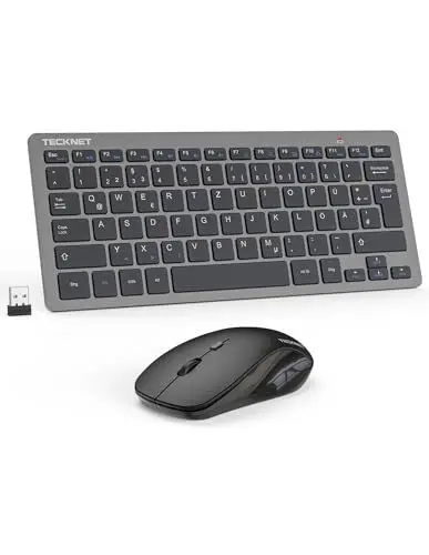 Produktbild: TECKNET Kabelloses Tastatur Maus Set, Deutsch QWERTZ Layout, 2.4 GHz Funk Mini Tastatur Mouse, 15m Reichweite Verbindung, Wireless Leise Funktastatur mit Maus für PC, Laptop, Smart TV, Grau