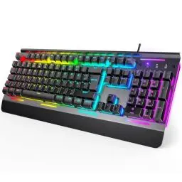 Produktbild: TECKNET RGB-Gaming-Tastatur für PC, Membran Tastatur mit 105 Tasten, Vollmetall-Pane, kabelgebundene Tastatur mit Handgelenkauflage, 15-Zonen RGB Beleuchtung, Computer Keyboard 25 Anti-Ghosting-Tasten