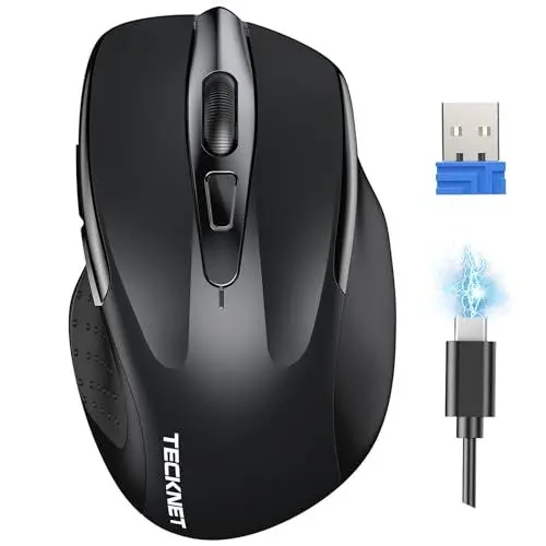 Produktbild: TECKNET Silent Kabellose Maus, Wiederaufladbar Funkmaus 4800 DPI, 2,4 GHz Optische Computer Maus für Laptop, PC, Mac, 6 Tasten, Schwarz
